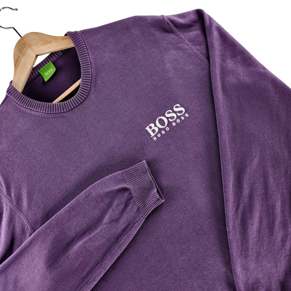 Hugo Boss Sweater Mens XL Purple Crewneck Logo Cotton Knit Pullover